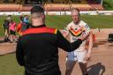 Eamon O'Carroll commends a tired Kieran Gill after his efforts against Wakefield on Sunday. Photo credit: Tom Pearson