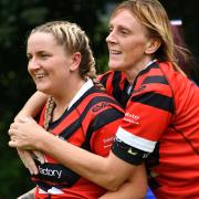Emma Templeton (left) celebrates a try for Keighley Albion Ladies during her sparkling 2019 season Picture: Richard Leach