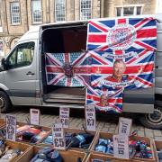 Coronation flags on sale at Skipton Market