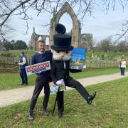 John Keen-Tomlinson and Mr Monopoly at today's launch