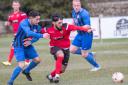 Silsden's Khurram Shazad (second right) scored his side's opening goal in their 3-2 win over Goole Picture: David Brett