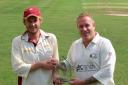 Captains Luke Hodgson (Barnoldswick), left, and Richard Craddock (Earby) with the Geoff Tilbury Trophy before their derby last Sunday