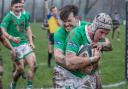 Wharfedale celebrate Robbie Davidson going over for a try at Otley. Photo: John Burridge