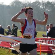 Alex Thompson crosses the line to win at the U15 National Cross-Country Championships in 2019. Pic: Dave Woodhead
