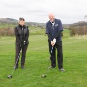 Pictured on the 13th tee at Skipton Golf Club when the new 2023 season teed-off on Saturday are Men’s and Ladies’ Captains Bob Jarman and Lorraine Raeburn. Photo credit: Robin Moule