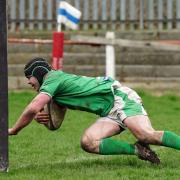 Wharfedale prop Sam Dickinson goes over for a try. Picture: Mike Inkley