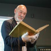 Sir Patrick Stewart with the First Folio at the Craven Museum in Skipton