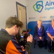 Front, student Teddy Cook filming  Karen Brayshaw and Sue Leatham, hub nurses, Digital Care Hub