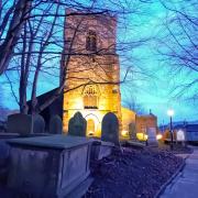 St Andrew's Church, Kildwick, lit up at night