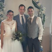 Mark (centre) with Natalie and Ramon at their wedding in Simbach, Germany on April 20