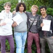 Ermysted’s Grammar School pupils, from the left, Matthew Jeeps, Matthew Boxx, George Padgett and Ebrahiem Tumi, who all scored top A-level grades
