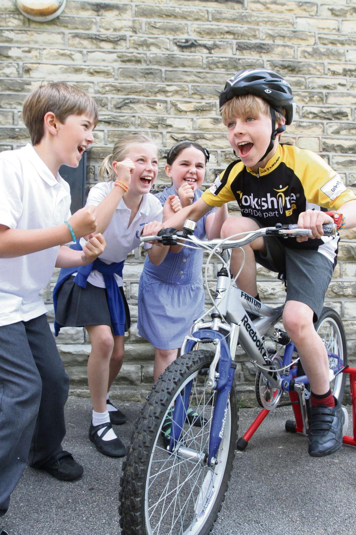 Pupils at Skipton's Water Street Primary School take part in a Grand Depart-based cycling challenge to raise funds for charity 