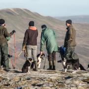 Shepherds meeting on the summit of Ingleborough at the start of a sheep gather in November