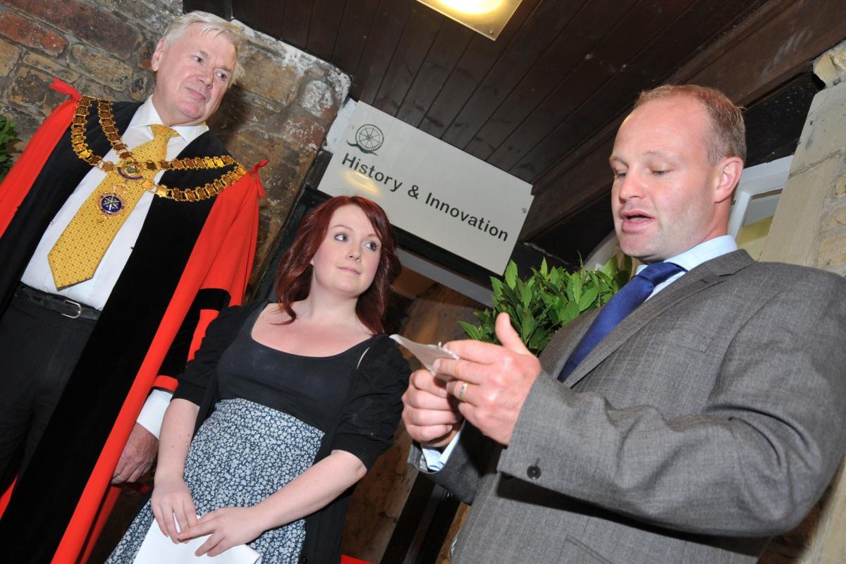 Mayor Robert Heseltine and mill owner Andrew Mear with actor Hannah Hobley in 2010