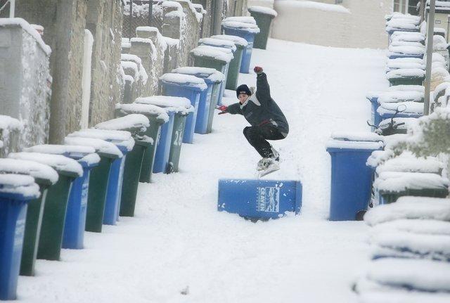 While many motorists struggled to negotiate Craven’s snow-covered roads, Jim Lampkin found a quicker way to get around – on his snowboard. He was captured avoiding these wheelie bins in Skipton by Craven Herald photographer Stephen Garnett