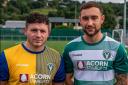 Josh Kaine and Josh McKeirnon show off Steeton's new away and home kit for 2023/24