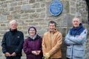Jim Robinson of Addingham Civic Society, Anne Knight (William's other great granddaughter), Margaret and Geoff Hairsine, with the new blue plaque in Addingham