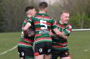 West Bowling v Barrow Island: Danny Halmshaw is congratulated after scoring a try for Bowling  Picture: Richard Leach