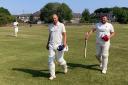 Matthew Simpson, left, and James Freebury after their hundreds for Gargrave