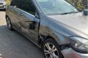 The damage sustained by a Mercedes parked on a narrow point in Burnsall