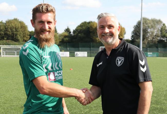 Steeton manager Roy Mason, pictured here with midfielder Tom Robinson, says he is enjoying his side’s entertaining style of play this season. Picture: Chris Jones