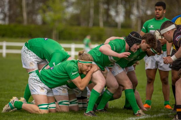 Wharfedale (green) face off with Harrogate in the scrum. Pic: Wharfedale RUFC photos