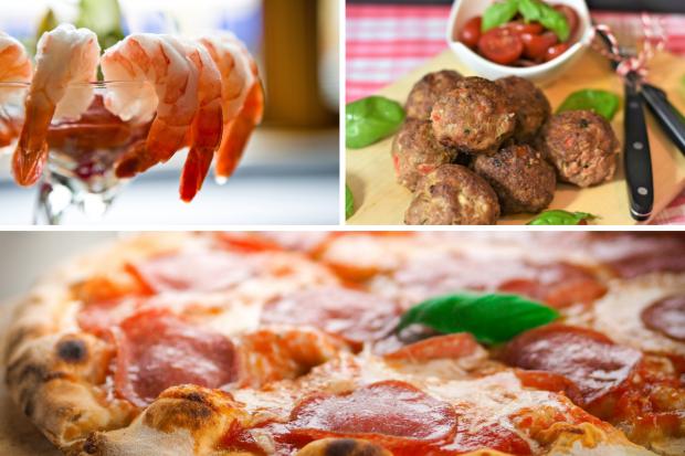 Craven Herald: (Top left clockwise) Prawn cocktail, Meatballs, Pizza. Credit: PA/Canva
