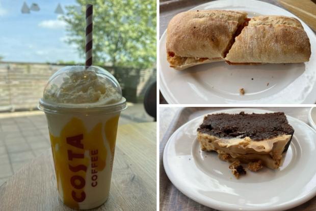 Craven Herald: (Left) Tropical Mango Bubble Frappé (top right) Chicken & Chorizo Panini (bottom right) Chocolate & Caramelised Biscuit Loaf Cake (Katie Collier/Canva)