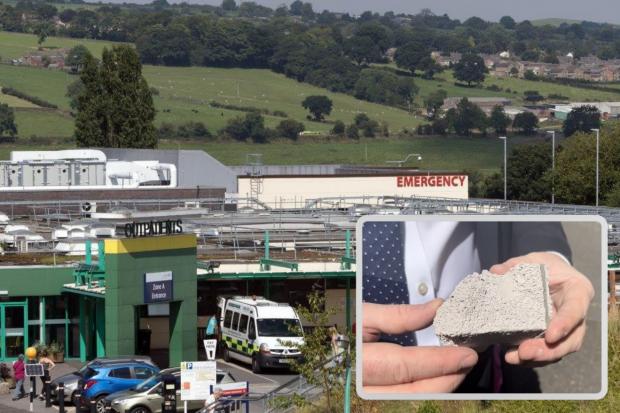 Airedale Hospital, and inset, the chunk of concrete taken to Downing Street