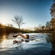 Les Peebles swimming in the River Ribble at Stainforth, in January