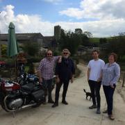 Hairy Bikers, Dave Myers and Si King, Sam Moorhouse, and his mum, Judith Moorhouse, at Hesper Farm for filming