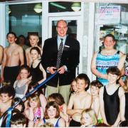 Adrian Moorhouse reopens Settle Pool in April, 1996. Picture K&J Jelley.