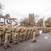 Soldiers of the 5th Regiment Royal Artillery outside Skipton Town Hall. Pic Malcolm Stoney