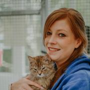 A cat rescue volunteer with a kitten found on a scrapyard