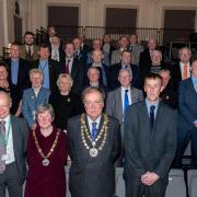 Councillors and chief executive Paul Shevlin, front row, left,  at the  final meeting of Craven District Council in Skipton Town Hall
