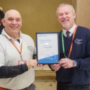 Craven College Plastering Lecturer Steve Syers with Craven College Head of Construction Martin Lofthouse