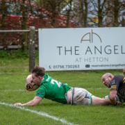 Wharfedale touch down at home to Lymm. Photo credit: John Burridge