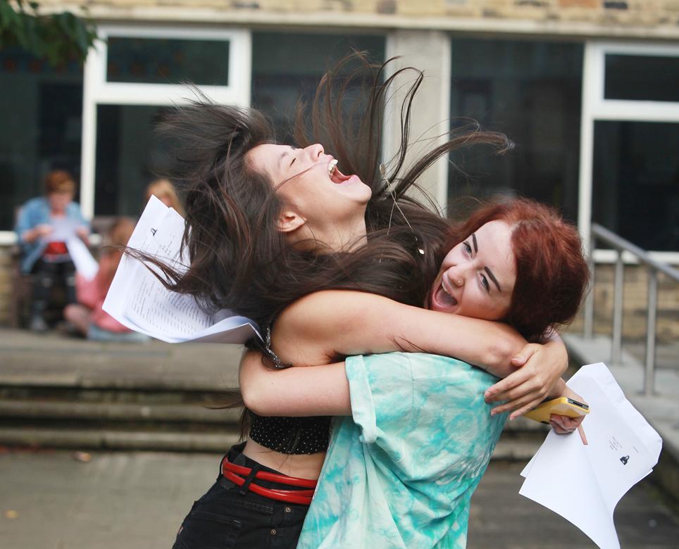 Skipton Girls' High School has finished in the top ten nationally for exam results. Here, two students celebrate after gaining straight As.