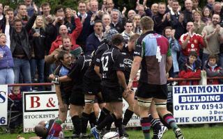 Otley have had some great memories at Cross Green including v Harlequins. The fans and players of Otley celebrate Rob Whatmuff's try